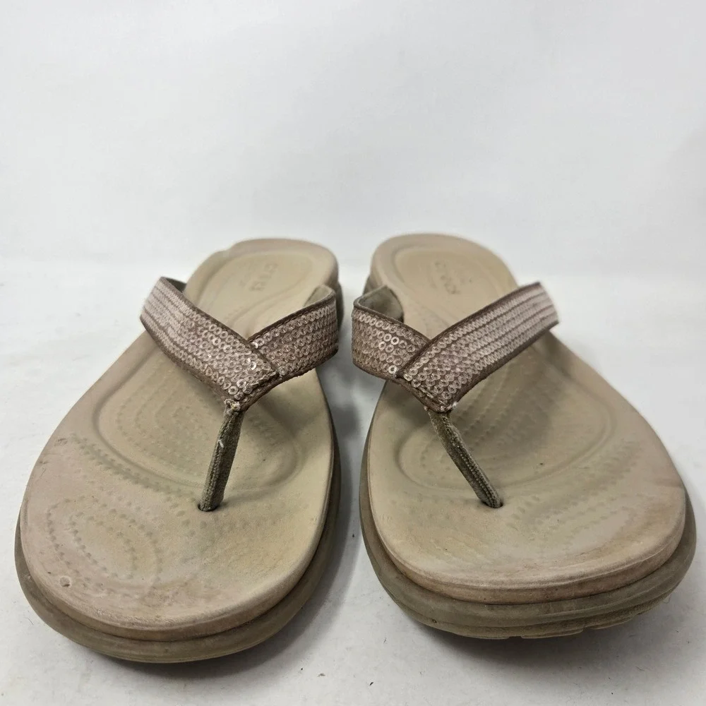Crocs Capri V Sequin Flip Flops Khaki Tan Dual Comfort Sandals Womens 9
